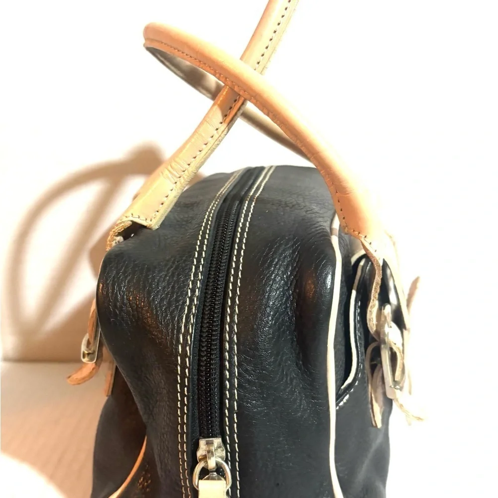 GUIA’S black leather satchel handbag with beige trim